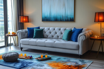 Wall Mural - A cozy living room with children's toys scattered on the floor, featuring a gray sofa covered in colorful cushions and blankets