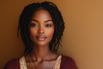 Wall Mural - Portrait of an African American woman with medium-length black hair, wearing burgundy and cream-colored attire, looking directly at the camera against a brown background