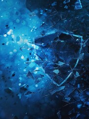 Poster - A hacker disrupts a digital shield, causing fragments to scatter in a vivid blue environment, symbolizing cybersecurity threats and breaches. Generative AI