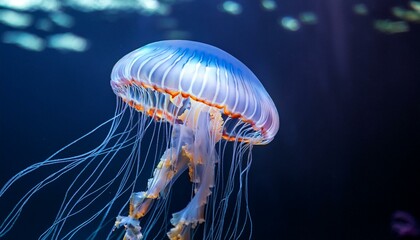 Beautiful and elegant jelly fish in the ocean or sea water; jelly fish in the deep sea; underwater creatures in the deep depth of the ocean; non-vertebrate ocean creatures