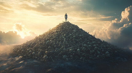 Wall Mural - Man standing on top of the pile of bones, Illustration, fantasy scenery, Generative AI