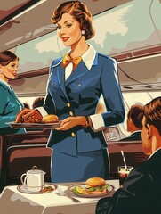 Aufkleber - The flight attendant delivers a meal to seated passengers, showcasing attention and care during their journey. Generative AI