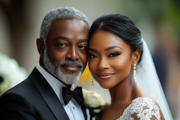 A photo of an attractive senior couple in their wedding attire. He has short gray hair and a beard, wearing a black bow tie