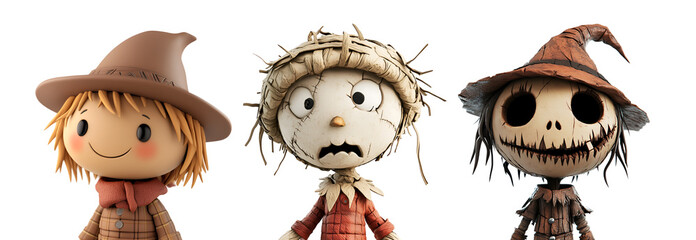 Wall Mural - 3D Illustration of a Halloween Scarecrow Character with a Facial Expression in Cartoon Animation Style Set Collection, Isolated on Transparent Background, PNG