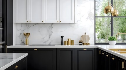 Sticker - A contemporary, chic kitchen featuring stylish black and white cabinets, golden fixtures, and marble tiles
