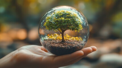 A hand holds a glass sphere with a tree on a forest background, an environmental concept for Earth Day.