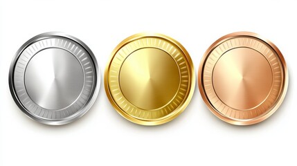 This realistic 3D modern illustration features medals or buttons for first, second, and third place on a white background.