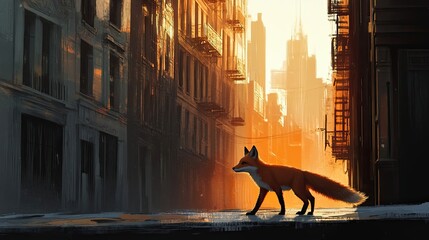 Canvas Print - A Red Fox Walking Through A City Alleyway At Sunset