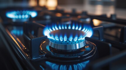 Blue flames coming from a stovetop in a home kitchen. Propane flames on a gas cooker. Industrial resources and economics.