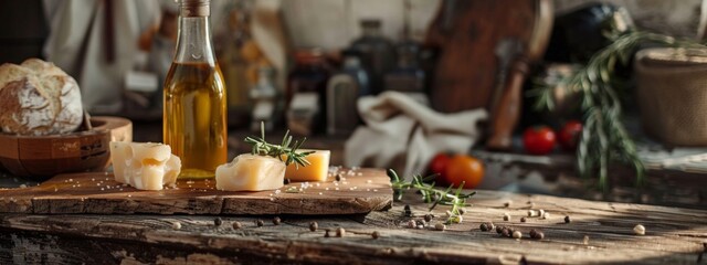 Wall Mural - Rustic kitchen with olive oil and cheese on a wooden board