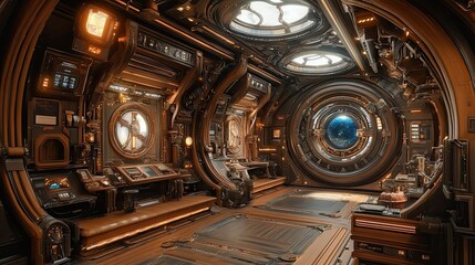 Interior of a futuristic, wooden spaceship cabin