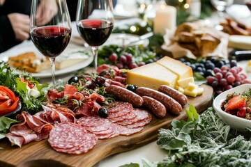 Wall Mural - Top view of a full table of delicious dinner party foods and drinks. Happy dining time, buffet food dishes.