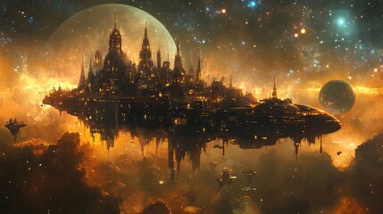 Wall Mural - a floating city in a starry night sky