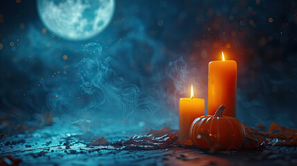 happy halloween scary orange carved pumpkins with candle light and moon in background spooky scary h