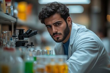 Wall Mural - Muslim scientist is working in the laboratory, looking through his microscope at an organic test tube filled with green liquid.