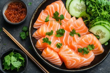 Wall Mural - Salmon fillet steak and sashimi on wooden board background, healthy, delicious dinner, ingredients.