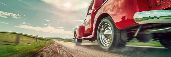 Wall Mural - Red Pickup Truck Navigating Country Road in Summer with Motion Blur Detail