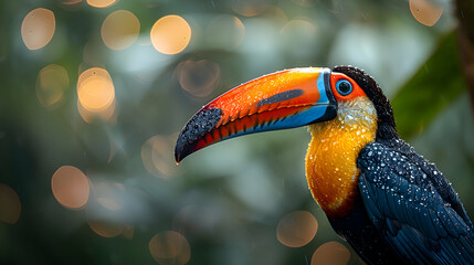 Amazon Red-billed Toucan face, showcasing its sharp beak and feathers with a blurred background