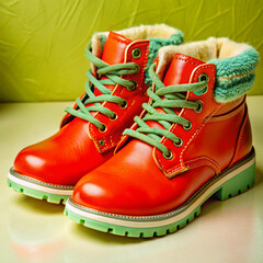 red and green pair of boots, red and green pair of shoes, red boots, green boots, 
shiny boots, pair of shoes, shoes, shoe, shiny shoes