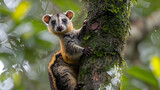 Amazon Red-sided Opossum climbing a tree, its distinctive fur and tail visible