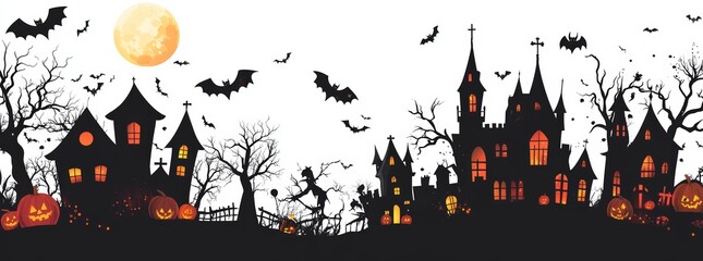 Halloween walllpaper. Haunted Halloween landscape depicting a scary house or castle with a big moon on an orange sky background. Old trees and bats in the sky. Halloween party invitation concept.