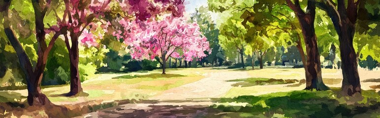 Watercolor illustration of a digital oil painting depicting a spring landscape in a park Fine art