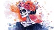 © AbstractAI - Watercolor illustration of a glamorous skeleton girl in a vintage dress adorned with flowers in her hair Charming Halloween skull artwork