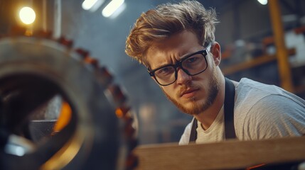 An employee of a furniture factory using a sliding panel saw to cut fiberboard in a workshop where production, manufacture, and woodworking occurs