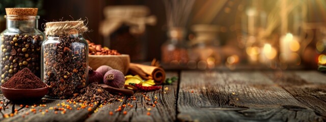 Rustic kitchen setting with jars of spices on wooden table