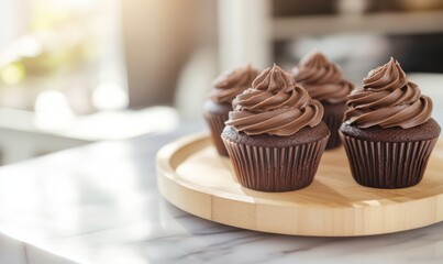 Close-up of chocolate cupcakes on a wooden plate. Juicy and appetizing cupcakes in a cafe or bakery shop under soft light.