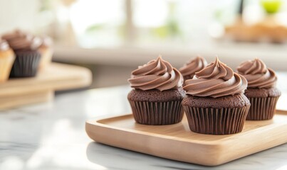 Close-up of chocolate cupcakes on a wooden plate. Juicy and appetizing cupcakes in a cafe or bakery shop under soft light.