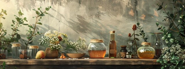 Wall Mural - Organic ingredients and natural oils arranged on a wooden table