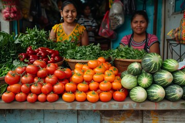 Sticker - Colorful Market Stall Displaying Fresh Vegetables and Fruits in a Vibrant Outdoor Setting