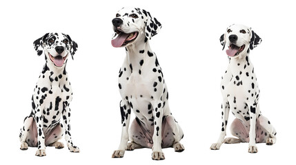 Wall Mural - happy dalmatian dog collection (portrait, sitting, standing) isolated on a white background as transparent PNG, animal bundle