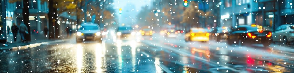 Poster - Rainy Street with Cars in Motion and Water Splashes