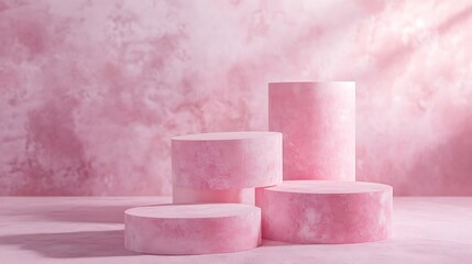 Canvas Print - Four pink cylindrical podiums on a pink textured background with soft lighting.