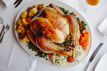 Picture of a Roasted turkey with side dishes of vegetables and herbs on a white plate displayed on a table