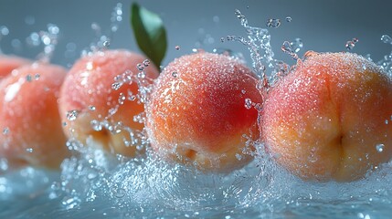 Wall Mural - Fresh peaches splash into a clear, refreshing water, creating a vibrant and bubbly display of natural beauty.