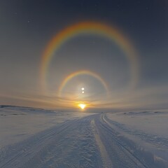 an optical phenomenon with two bright spots on either side of the sun in a cold sky,