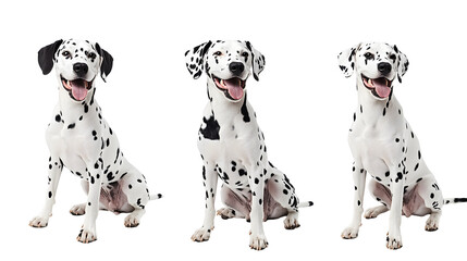 Wall Mural - happy dalmatian dog collection (portrait, sitting, standing) isolated on a white background as transparent PNG, animal bundle