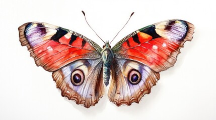 Poster - Watercolor illustration of a Peacock butterfly on a white background