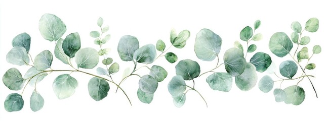 Wall Mural - Watercolor eucalyptus leaves floral elements on a white background Botanical illustration ideal for wedding stationery cards invitations logos stickers and scrapbooking