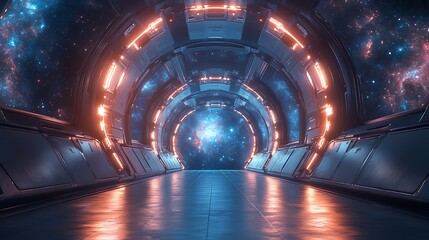 Futuristic spaceship corridor with glowing lights and a view of space.