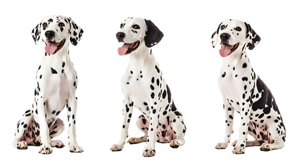 Wall Mural - happy dalmatian dog collection (portrait, sitting, standing) isolated on a white background as transparent PNG, animal bundle