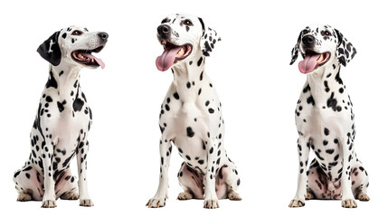 Wall Mural - happy dalmatian dog collection (portrait, sitting, standing) isolated on a white background as transparent PNG, animal bundle