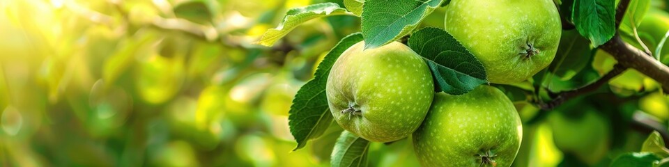 Poster - Ripe green apples on a tree branch, ready to be harvested, captured with selective focus.