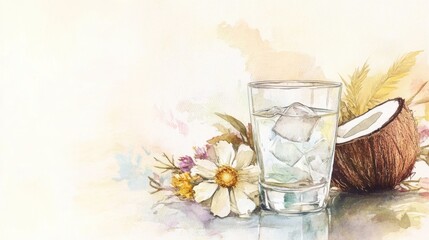 Watercolor illustration of a coconut water glass on a table adorned with dried flowers