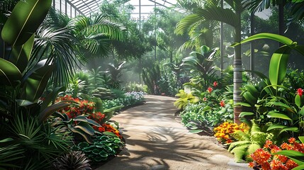 Poster - A serene greenhouse path surrounded by lush tropical plants and vibrant flowers.