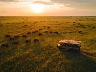 Eco friendly Safari Tour with Electric Vehicles and Aerial Drone Photography in Serene African Savanna Landscape