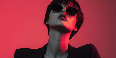 Fashionable Woman in Sunglasses with Red Background - Stylish Portrait Photography